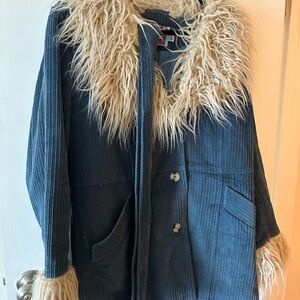 Urban Outfitters Blue Corduroy Jacket with Cream Faux Fur